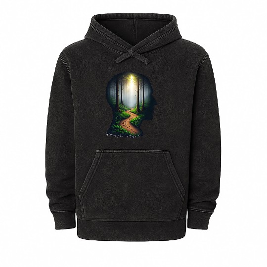 Silhouette Face with Forest Path Mineral Wash Hoodies.