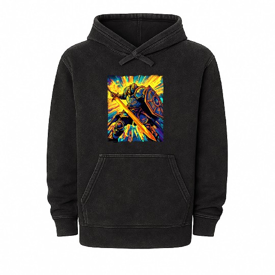 Epic Fantasy Knight In Vibrant Battle Energy Art Mineral Wash Hoodies