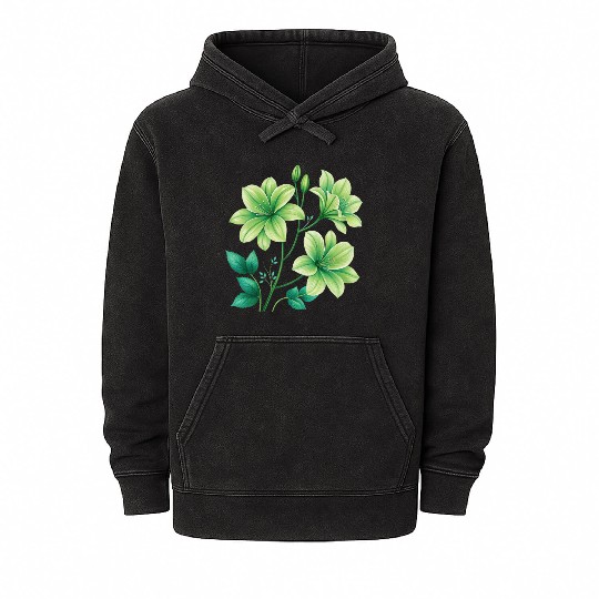 Green Lilies Floral Design Mineral Wash Hoodies