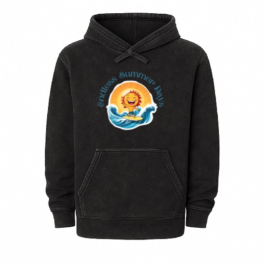 Cartoon Sun Surfing – Endless Summer Days. Mineral Wash Hoodies