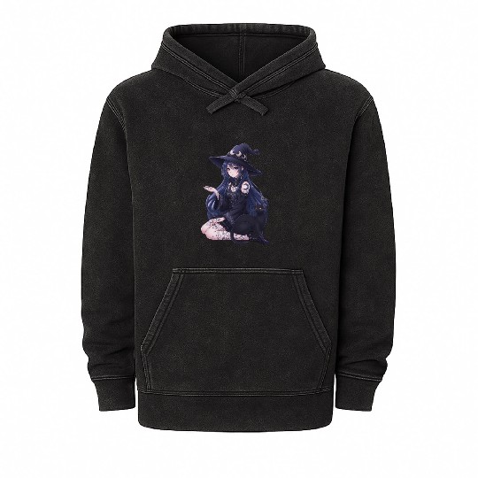 Dark Fantasy Anime Girl & Gothic Black Cat Art Mineral Wash Hoodies