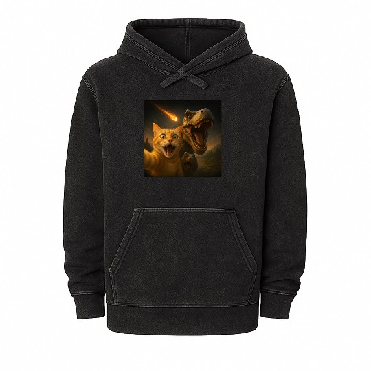 Funny Cat Dino Selfie Meteor Meme Surreal Apocalyp Mineral Wash Hoodies