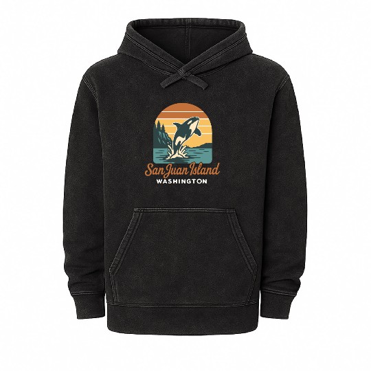 San Juan Island Washington Orca Whale Retro Sunset Mineral Wash Hoodies