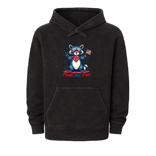 Feral But Free Funny Patriotic Raccoon 4th of july Mineral Wash Hoodies