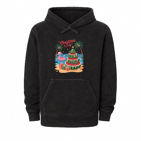 Christmas In July Watermelon Xmas Tree Santa Mineral Wash Hoodies
