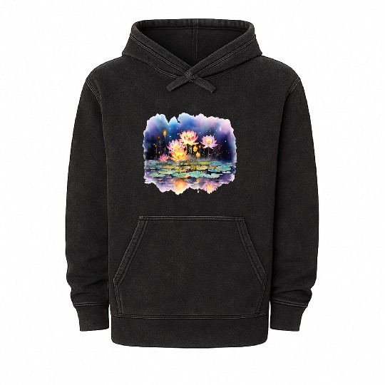 Retro Zen Lotus Firefly Night Mineral Wash Hoodies