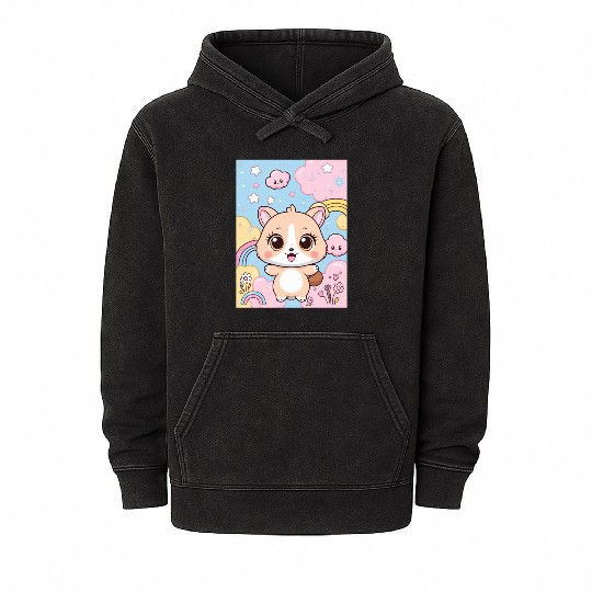 Kawaii Corgi in Rainbow Cloudland Mineral Wash Hoodies