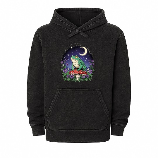 Green Frog on Red Mushroom - Starry Night Mineral Wash Hoodies