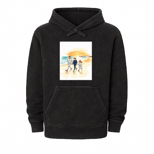 family walking along the beach. Mineral Wash Hoodies