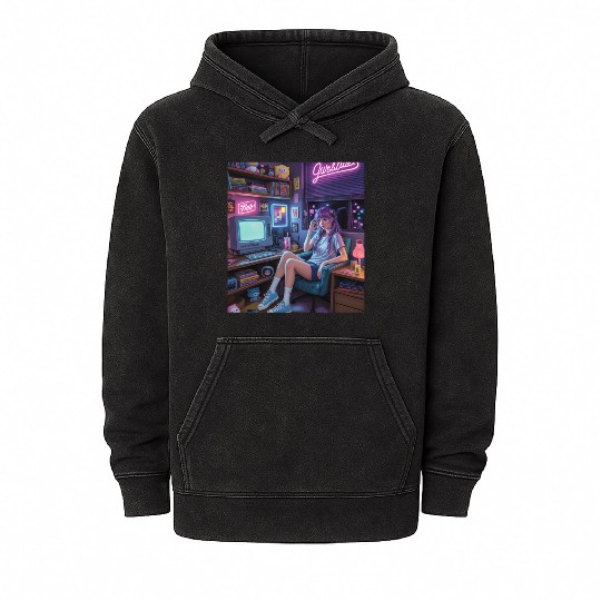 Y2K Gamer Girl Vibes – Retro Tech & Neon Room Aest Mineral Wash Hoodies