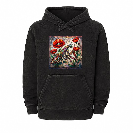 Praying mantis stained glass vibrant poppy flower Mineral Wash Hoodies