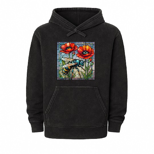 Wasp hornet bee stained glass vibrant poppy flower Mineral Wash Hoodies