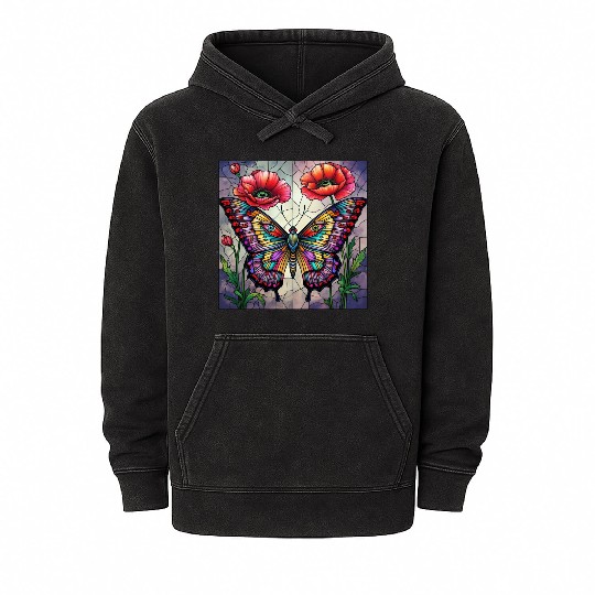 Butterfly stained glass design vibrant poppy Mineral Wash Hoodies