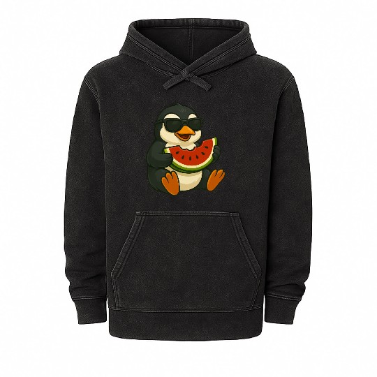 Cute penguin with watermelon fruit summer cartoon Mineral Wash Hoodies