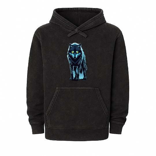 Tribal Night Wolf with Glowing Eyes Mineral Wash Hoodies