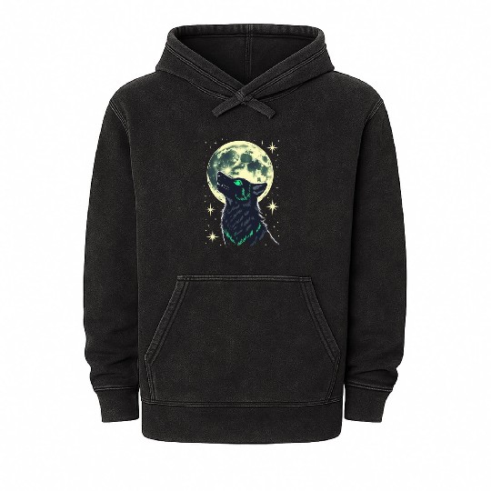 Celestial Howl – Mystical Wolf Under Moonlight Mineral Wash Hoodies