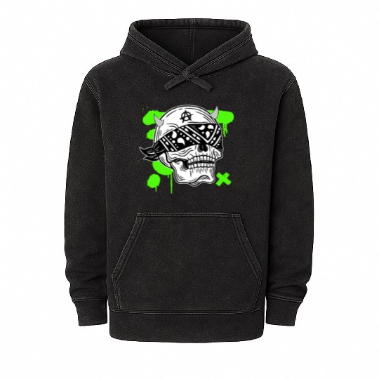 Black Green Streetwear Skull Mineral Wash Hoodies 20250712