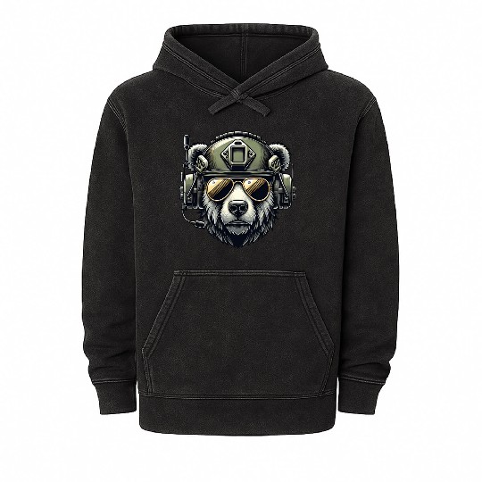 Bear Military Design Mineral Wash Hoodies