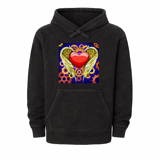 Mechanical Heart with Angel Wings Mineral Wash Hoodies
