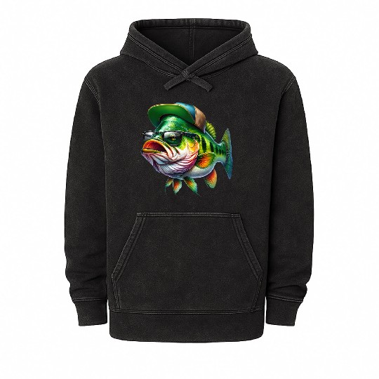 Cool Bass Fish with Green Hat and Glasses Mineral Wash Hoodies
