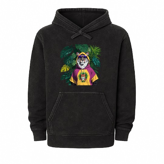 Tropical Lion Mineral Wash Hoodies with Jungle Motif