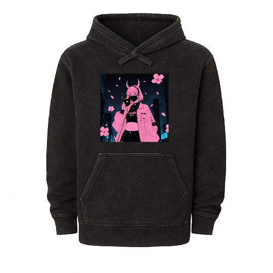 Neon Sakura Night Streetwear Design Mineral Wash Hoodies