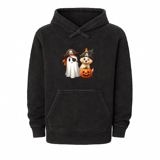 Pirate Pup and Ghostly Pumpkin Halloween Design Mineral Wash Hoodies