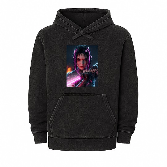 Cyberpunk Samurai Girl Mineral Wash Hoodies