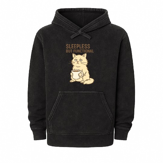 Sleepy Cat with Coffee Mug Design Mineral Wash Hoodies