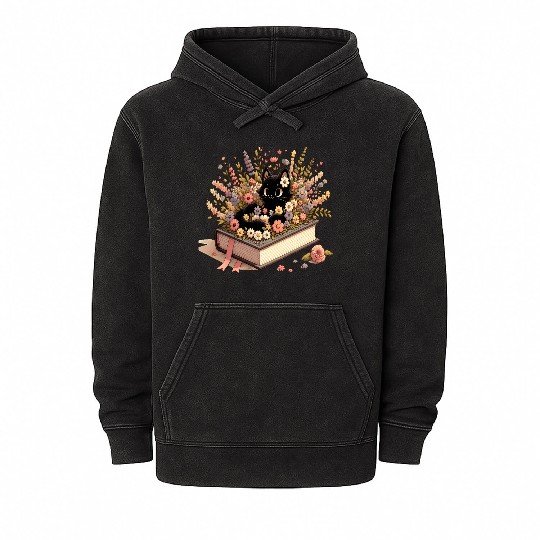 Whimsical Black Cat with Floral Book Design Mineral Wash Hoodies