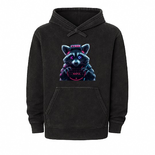 Cyber Raccoon with Neon Mafia Theme Mineral Wash Hoodies