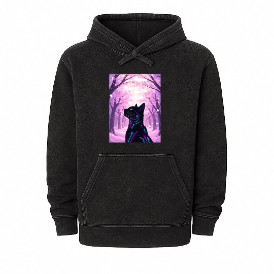 Midnight Cyber Cat | Pink Cherry Blossom Forest Mineral Wash Hoodies