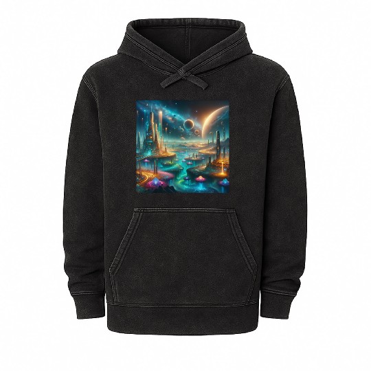 Futuristic Alien Landscape Design Fantasy Sci-Fi Mineral Wash Hoodies