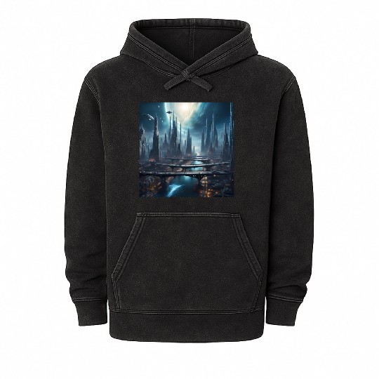 Magic City with Skyscraper Sci-Fi Alien Planet Mineral Wash Hoodies