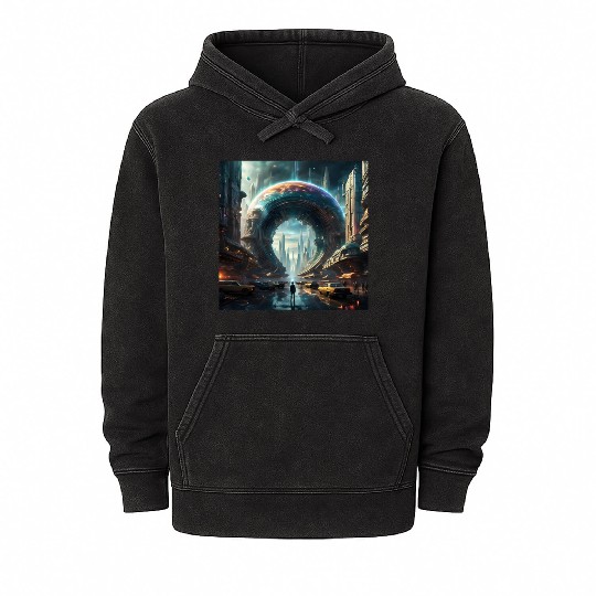 Future Portal In Alien City with Circular Gateway Mineral Wash Hoodies