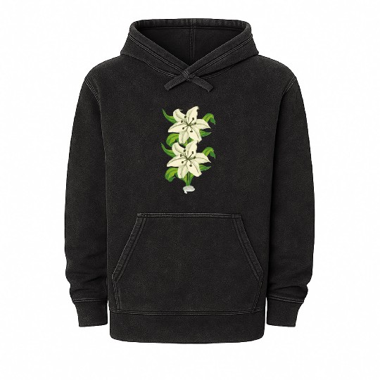Elegant White Lily Botanical Illustration Mineral Wash Hoodies