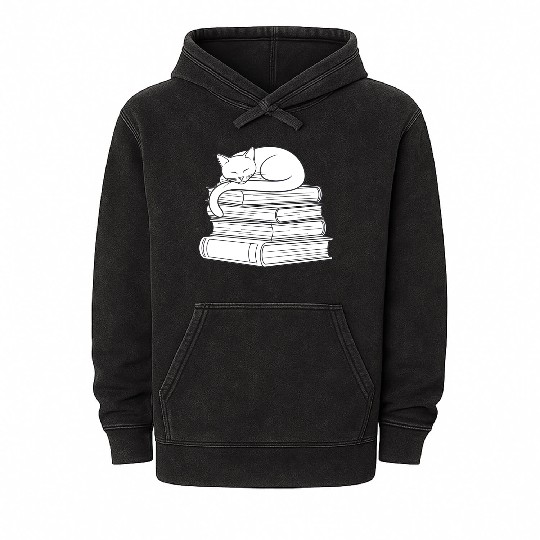 Sleeping Cat on Books Mineral Wash Hoodies