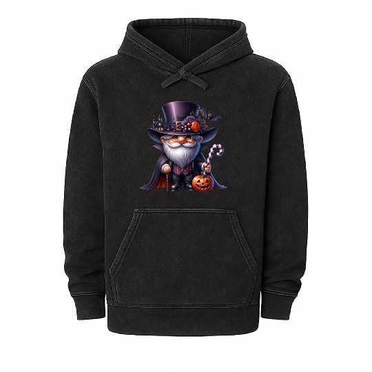 Elegant Halloween Gnome – Top Hat, Pumpkin & Candy Mineral Wash Hoodies