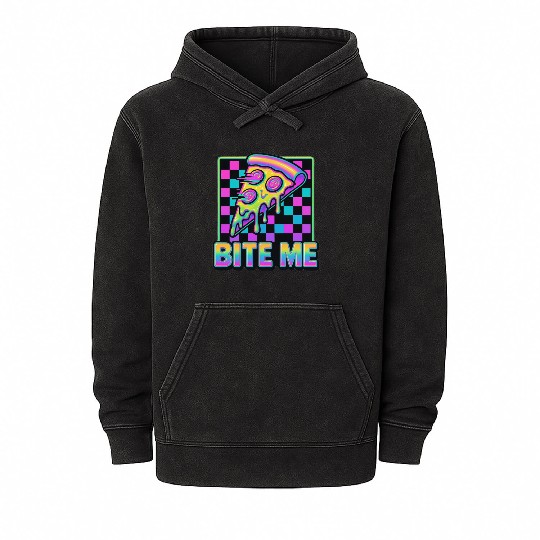 Bite Me – Y2K Glitch Pizza Neon Mineral Wash Hoodies