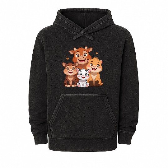 "Cute Farm Animal Friends – Cartoon Cow, Tiger, Li Mineral Wash Hoodies