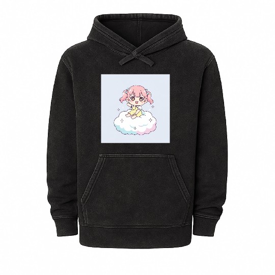 Cute Chibi Girl on Cloud Illustration Mineral Wash Hoodies