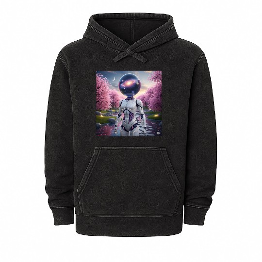 Futuristic Robot in Cherry Blossom Paradise Mineral Wash Hoodies