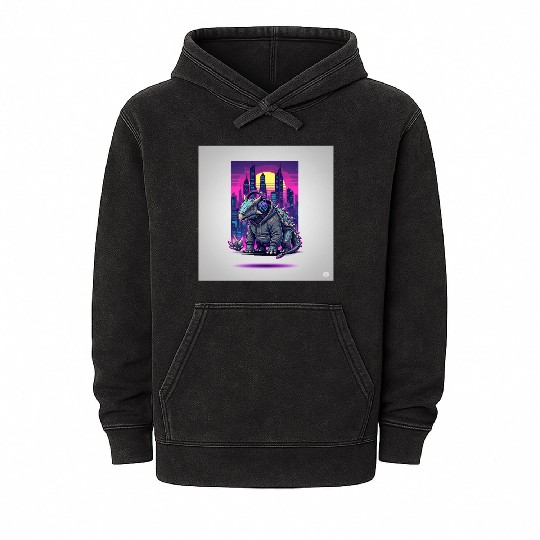 Cyberpunk Iguana with Neon Skyline Mineral Wash Hoodies