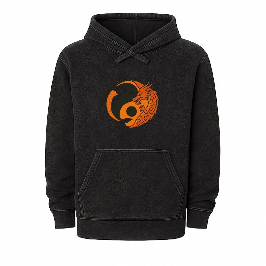 Yin Yang Dragon and Fish Motif Mineral Wash Hoodies