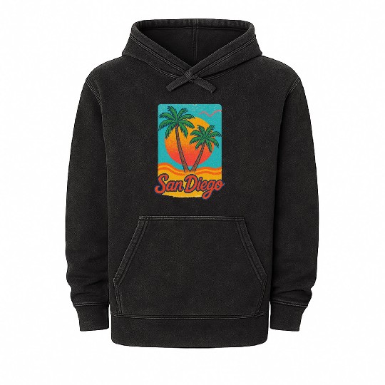 Tropical Sunset San Diego Illustration Mineral Wash Hoodies