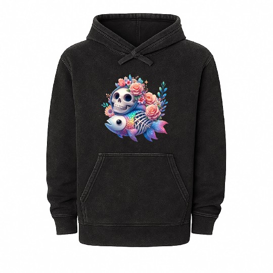 Whimsical Skull and Fish Floral Fusion Mineral Wash Hoodies
