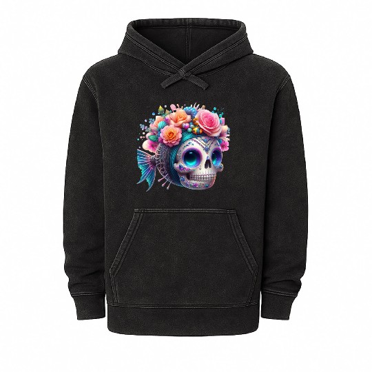 Colorful Sugar Skull with Floral Crown Mineral Wash Hoodies