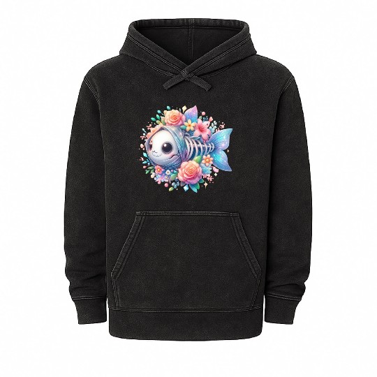 Whimsical Fish Skeleton with Floral Accents Mineral Wash Hoodies