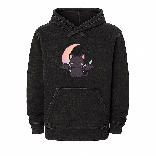 Cute Bat and Moon Illustration Mineral Wash Hoodies