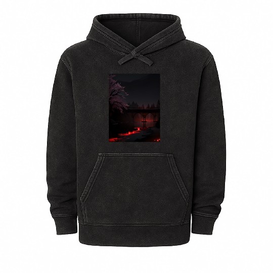 Nighttime Bridge and Cherry Blossom Scene Mineral Wash Hoodies